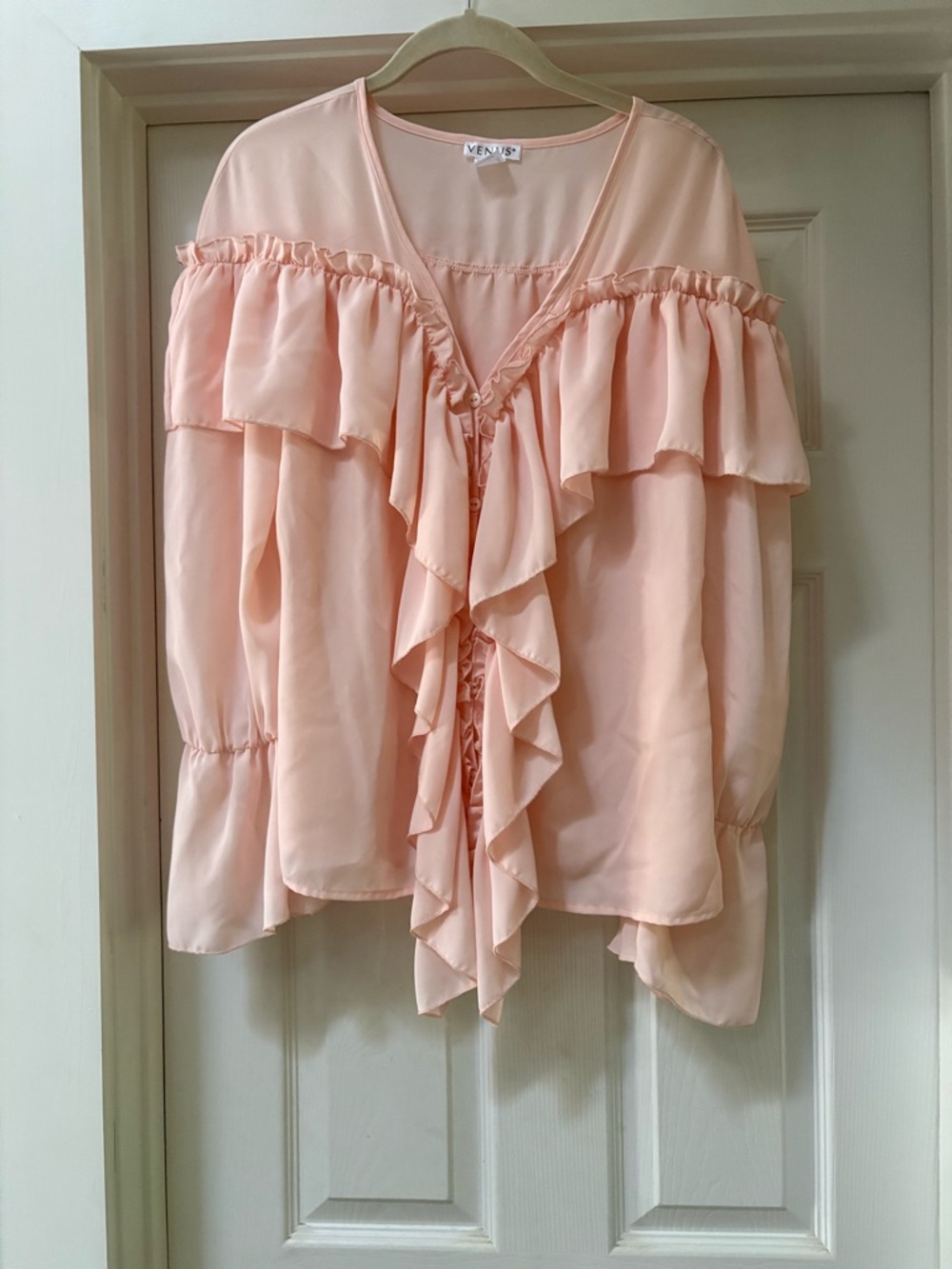 VENUS Blush Pink Ruffle Front V-Neck Blouse